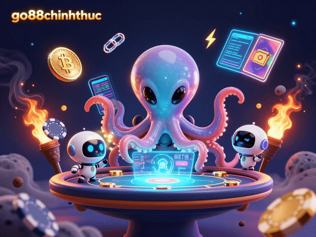 Engage in go88chinhthuc with a vibrant cosmic poker scene featuring an octopus and robot.