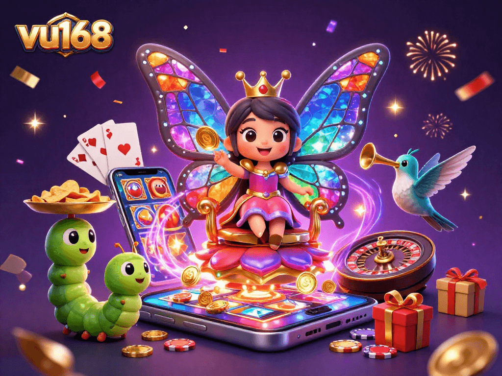 Bet on vu168 for a vibrant gaming experience featuring colorful slots and celebratory characters.