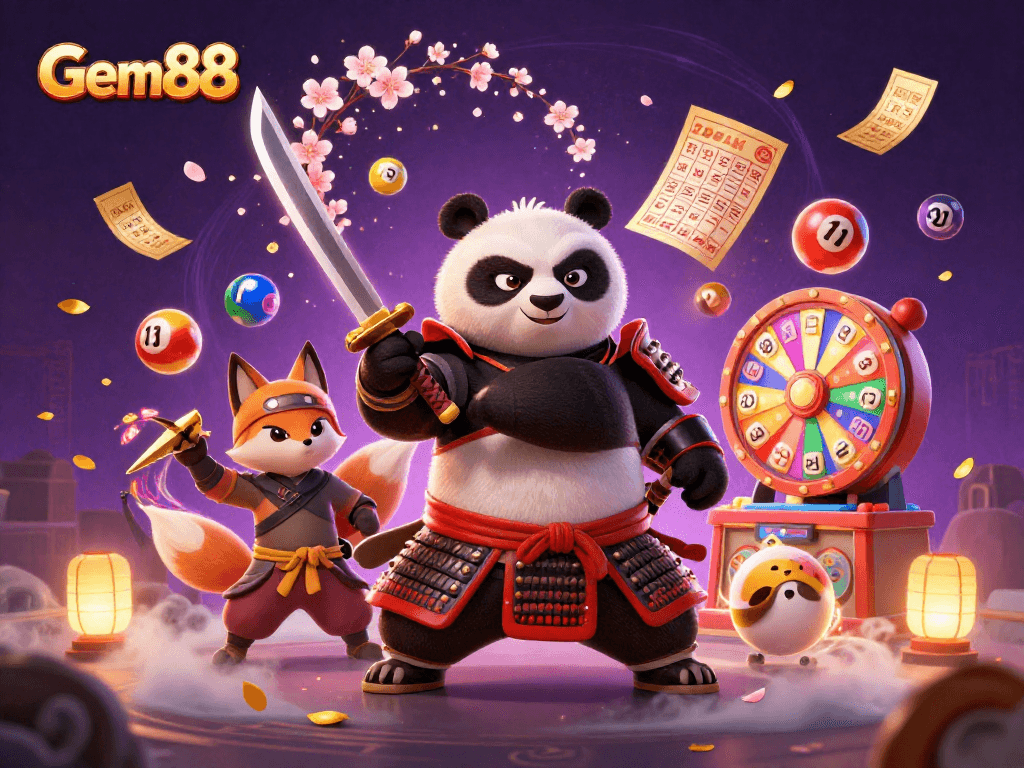 Engage in thrilling Gem88 lottery games with a vibrant 3D scene of a samurai panda, ninja fox, and magical tanuki.