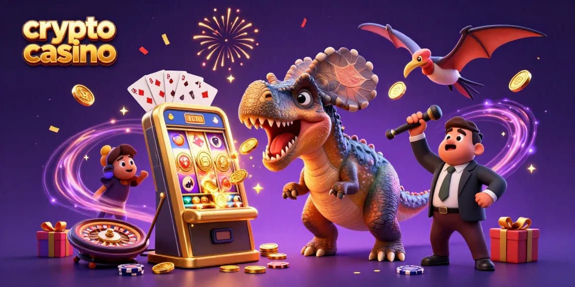 A 3D cartoon pachycephalosaurus playing a slot machine at a crypto casino, surrounded by confetti and golden coins.