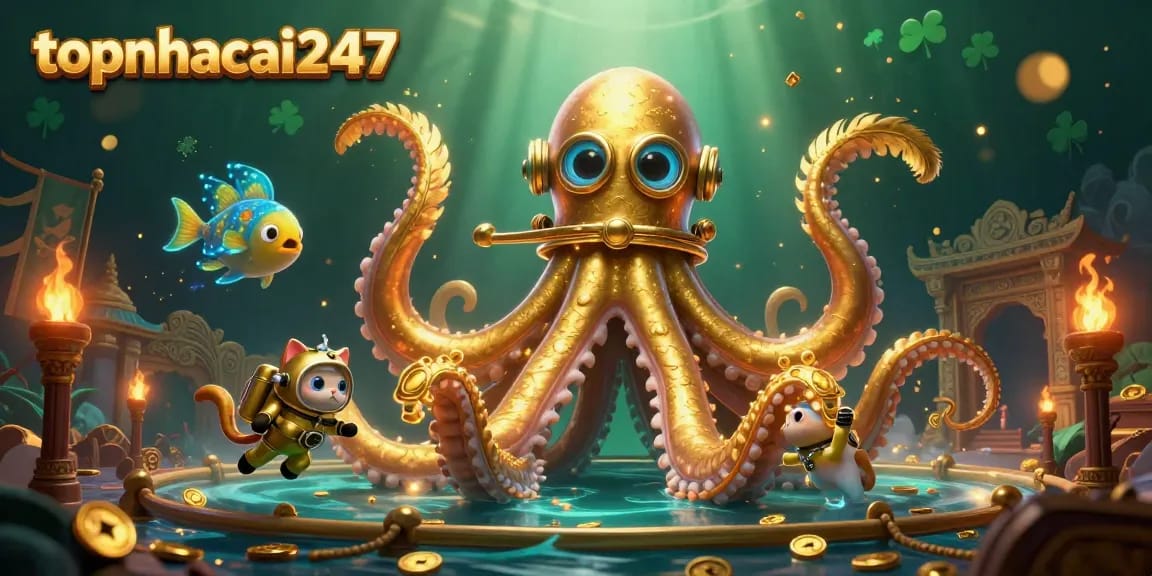 Engage with topnhacai247's thrilling gaming atmosphere featuring a colossal kraken and diving cat.