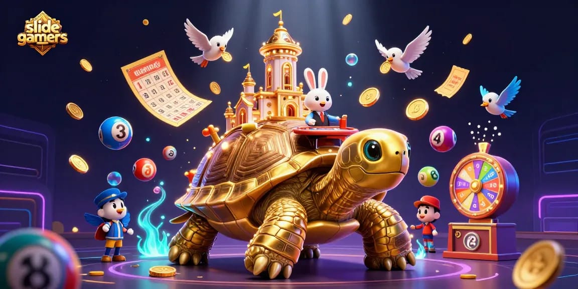 Engage with slidegamers through a vivid casino scene featuring a golden tortoise, vibrant lottery elements, and a rabbit dealer.
