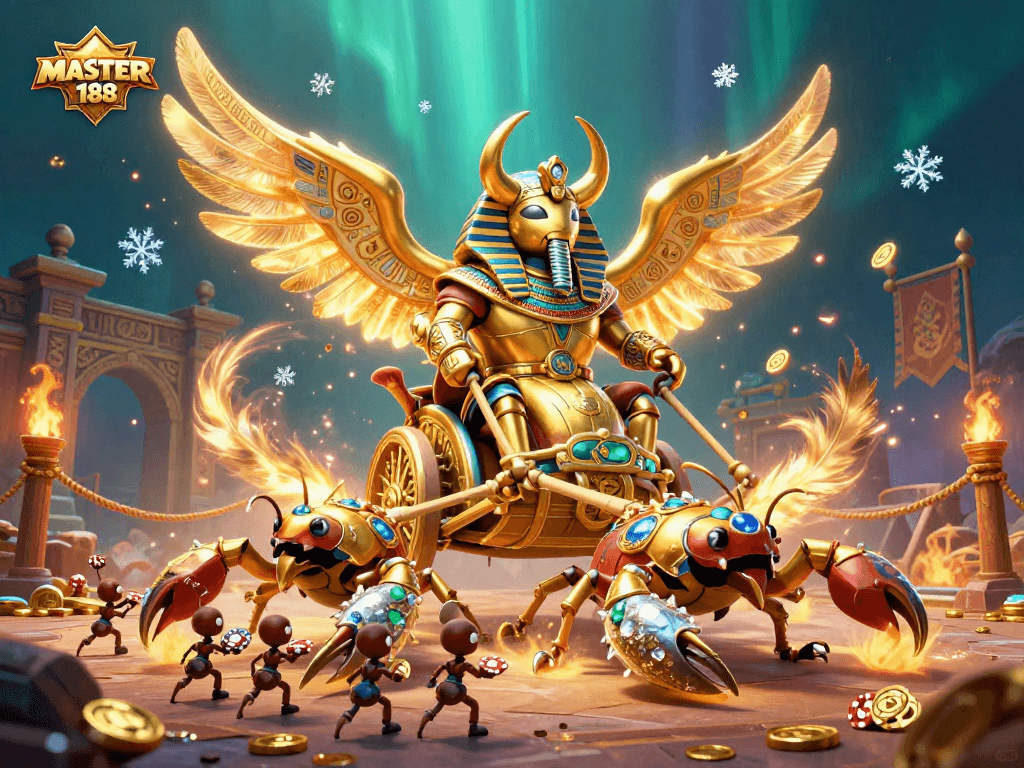 Engage in thrilling gameplay with MASTER188, featuring vibrant 3D illustrations of epic casino adventures.