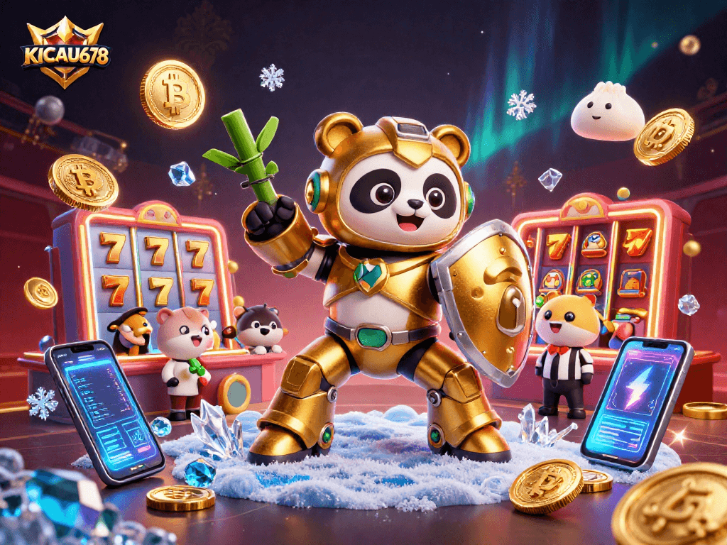 KICAU678 presents an exciting 3D casino scene with a mech-suit panda in golden armor and vibrant gaming symbols.