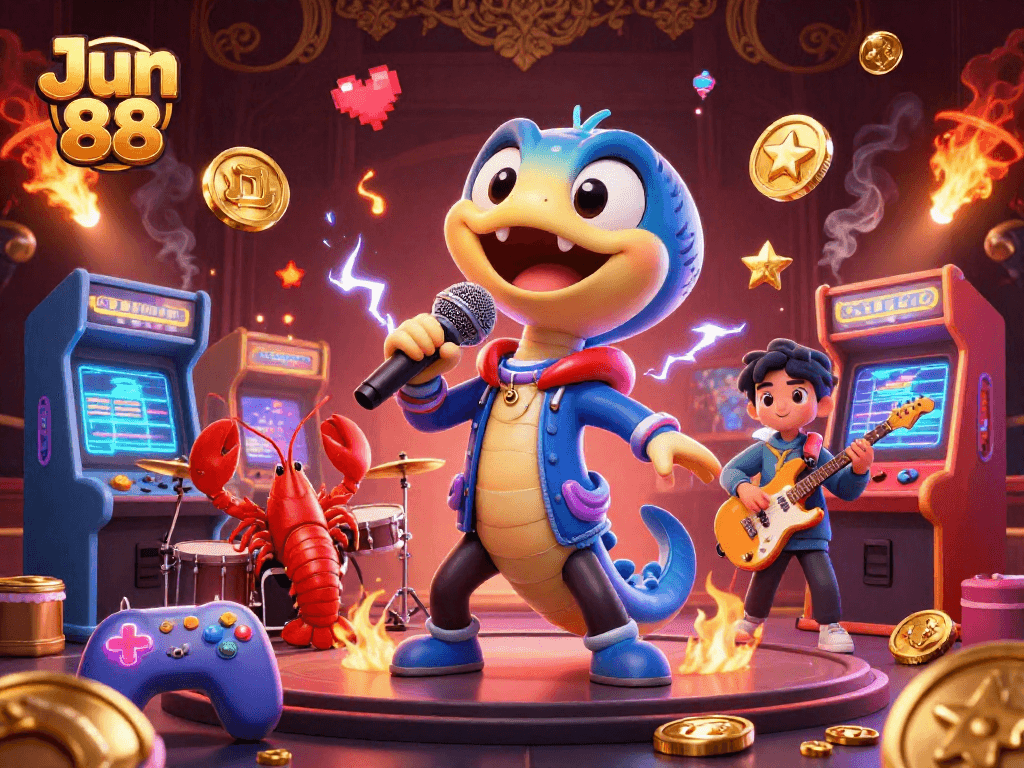 Jun 88 celebrates wins with electric eel DJ at an underwater casino stage packed with vibrant gaming elements.