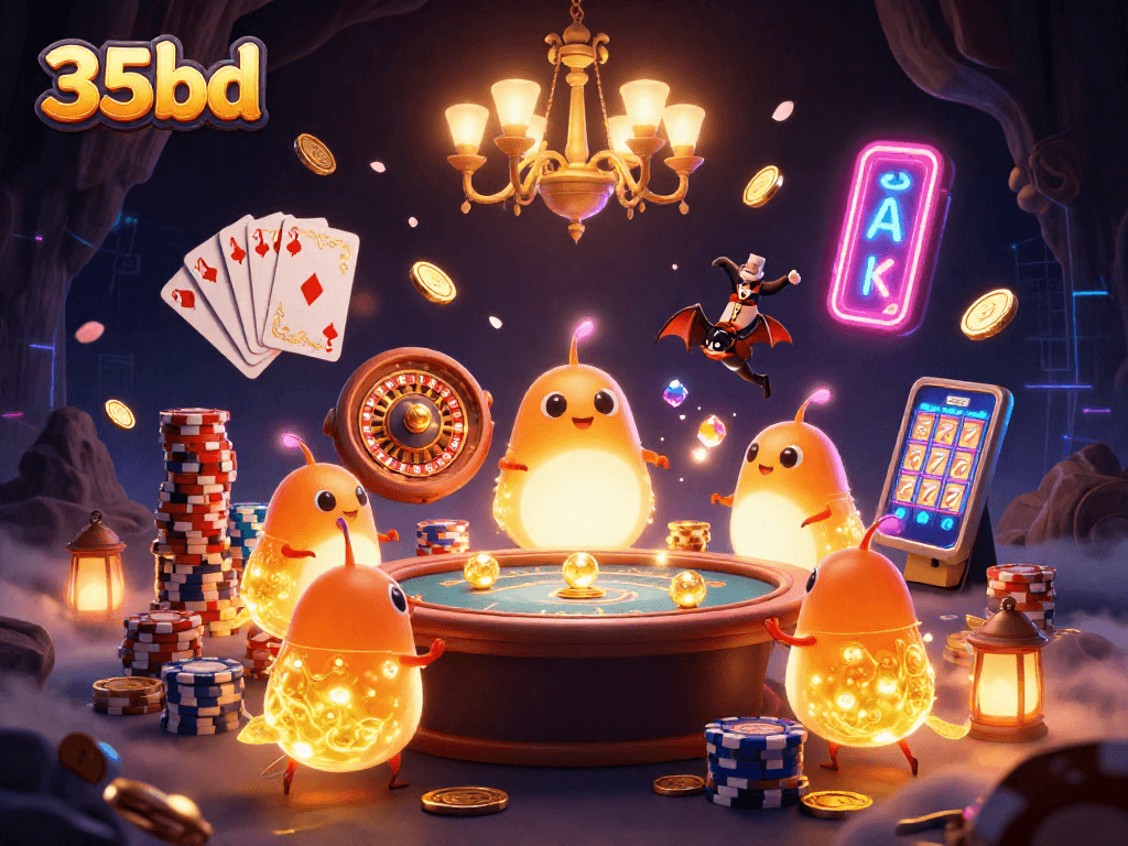 Experience the thrill of gambling at 35bd with vibrant glowworms and casino elements in a lively cave setting.