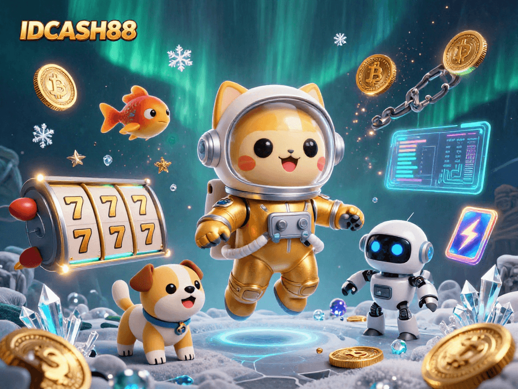 Engage with IDCASH88's thrilling casino action featuring a 3D space theme complete with astronaut cat and robot dog.