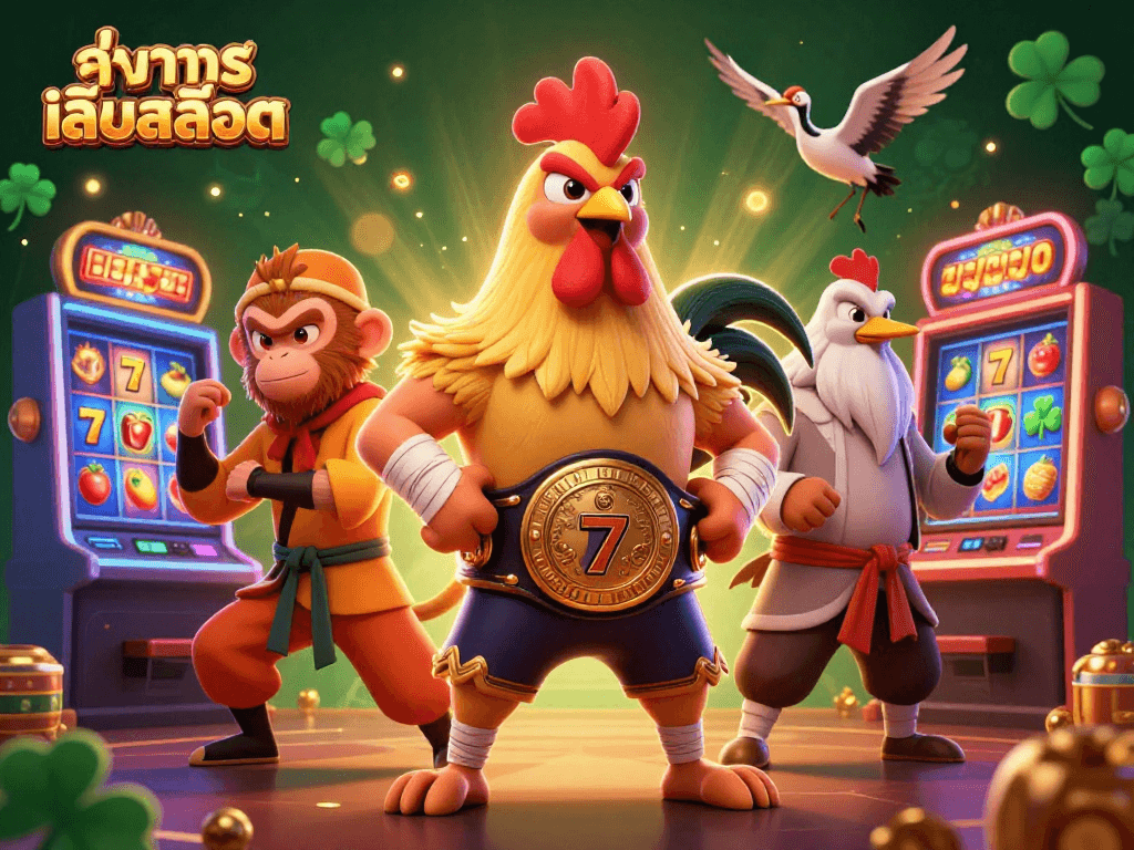 Engage with ทดลองเล่นสล็อต through an exciting 3D illustration featuring a fierce Muay Thai rooster and 3D slot machines.