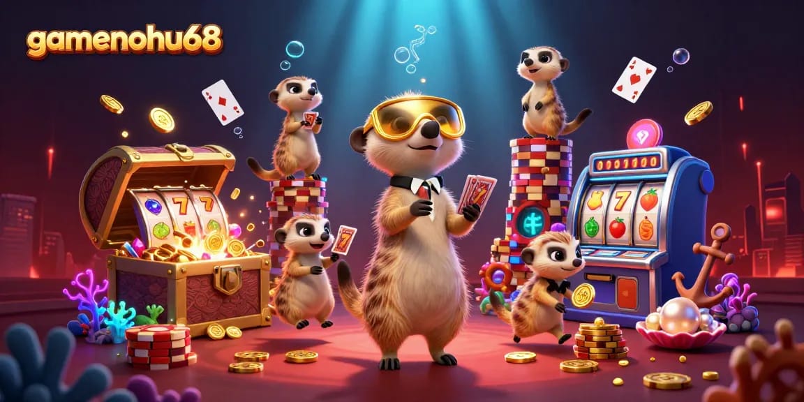 Win big at gamenohu68's vibrant casino with meerkats managing games and treasures.
