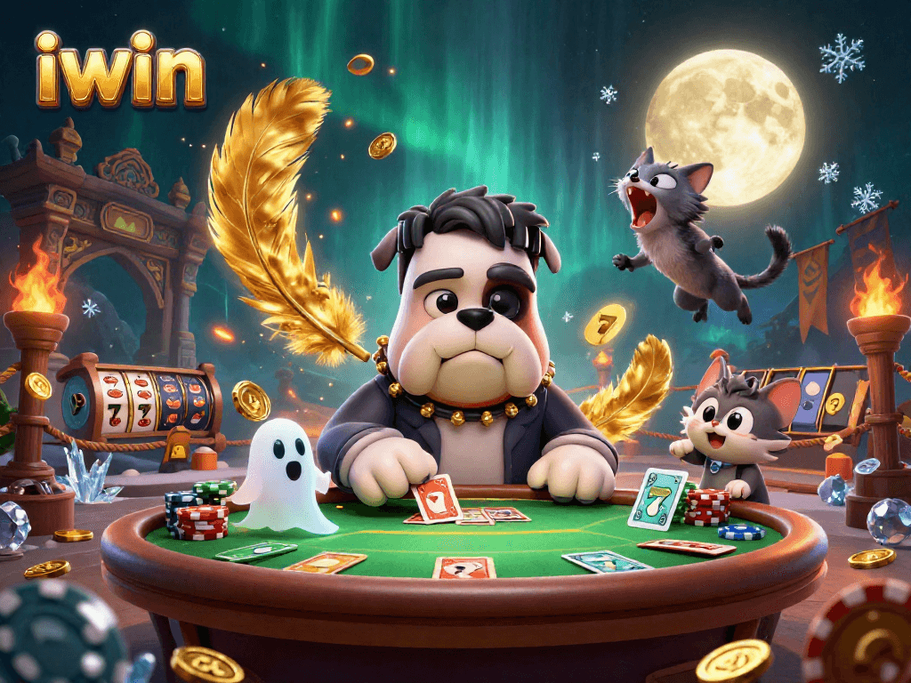 Engage with iwin's exciting poker adventure featuring a Frankenstein bulldog and ghost mouse.