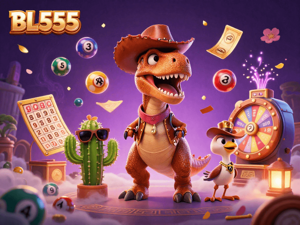 Engage in exciting gambling fun at BL555 with a dynamic 3D fantasy scene featuring colorful lottery elements.
