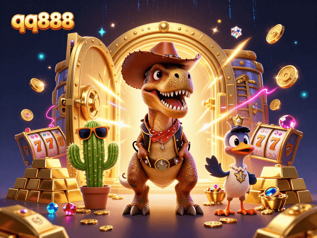 Engage in thrilling slots action with qq888 featuring lively characters in a vibrant casino scene.