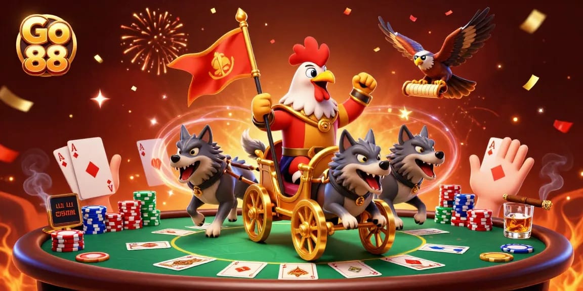 Experience thrilling gameplay at Go 88 with an exciting scene of a rooster warlord in a casino.