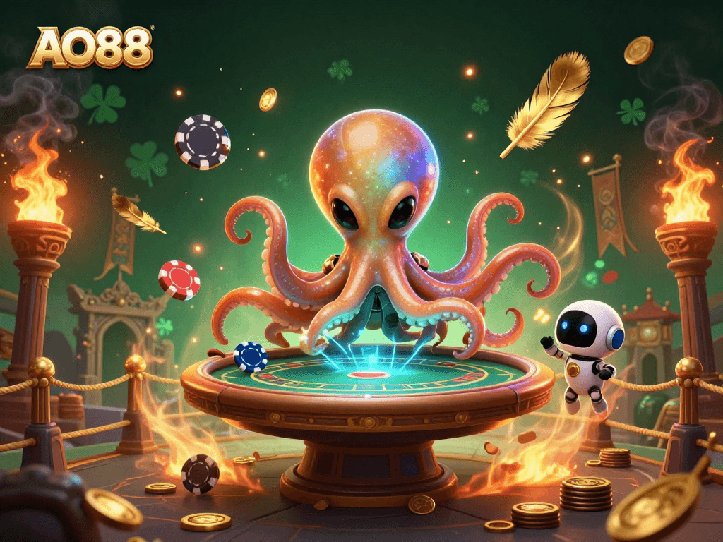 Join AO88 for a thrilling gaming adventure as an alien octopus and robot conquer the poker game.