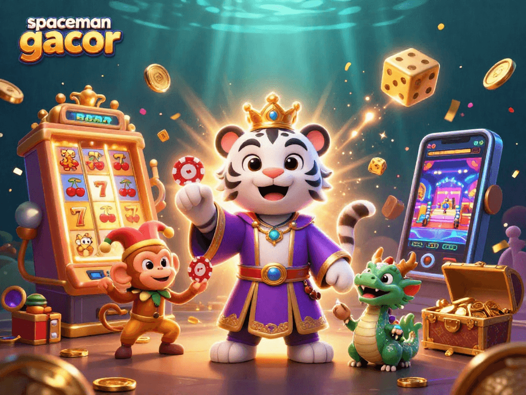 Experience the excitement of spaceman gacor with a vibrant casino scene featuring playful characters and jackpot winning.