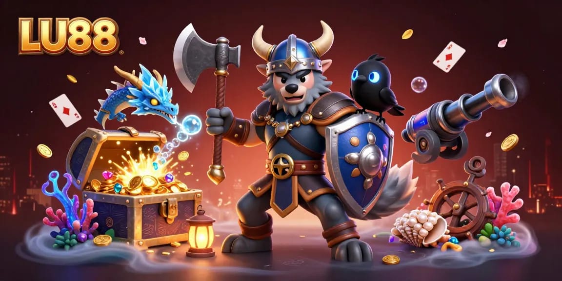 LU88 brings excitement alive as a Viking wolf warrior battles with a fierce dragon amidst a treasure-filled sea.