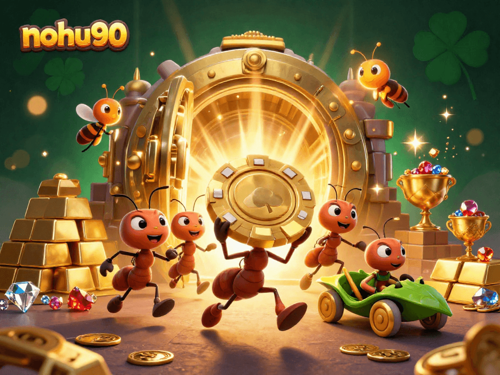 Nohu90 ants carry a giant poker chip through a treasure vault in this vibrant scene.