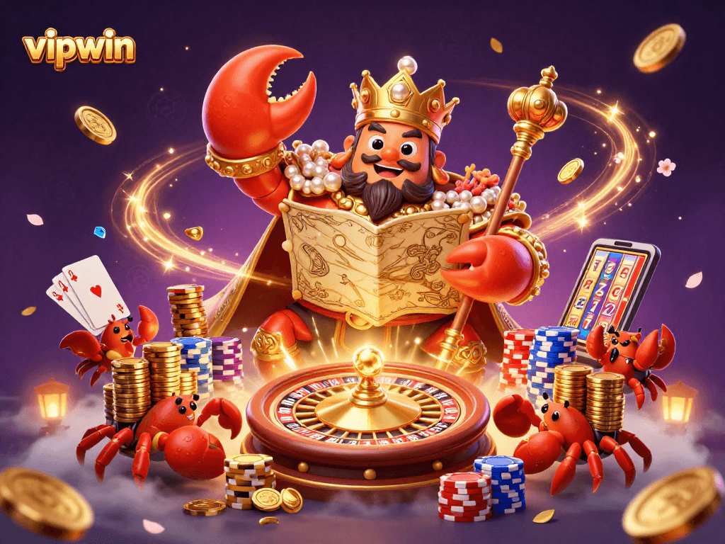 Win big at vipwin with a golden crab emperor leading a casino extravaganza filled with shimmering gems and vibrant gaming elements.