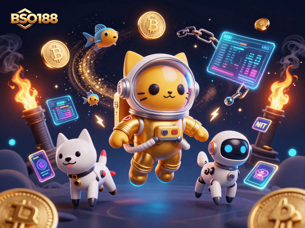Experience thrilling action with BSO188 as a 3D astronaut cat and robot dog explore a cosmic casino.