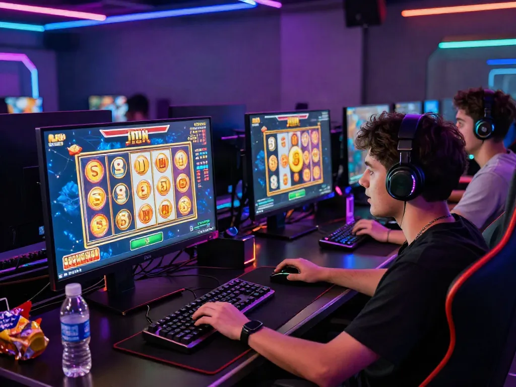 Player enjoying an exciting slot game on desktop, highlighting gaming setup with colorful RGB lights.