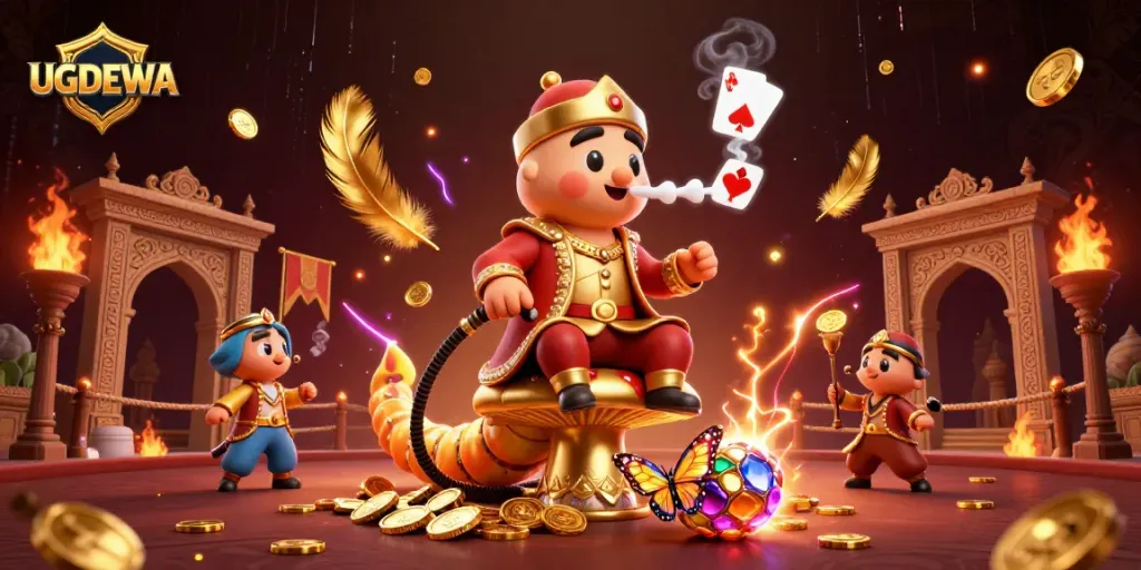 UGDEWA showcases a colorful scene with a caterpillar hookah-master and casino symbols creating a vibrant gambling atmosphere.