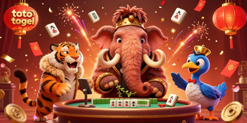 Toto togel-themed 3D casino scene with a woolly mammoth bouncer, saber-tooth tiger VIP, and dodo bird doorman.