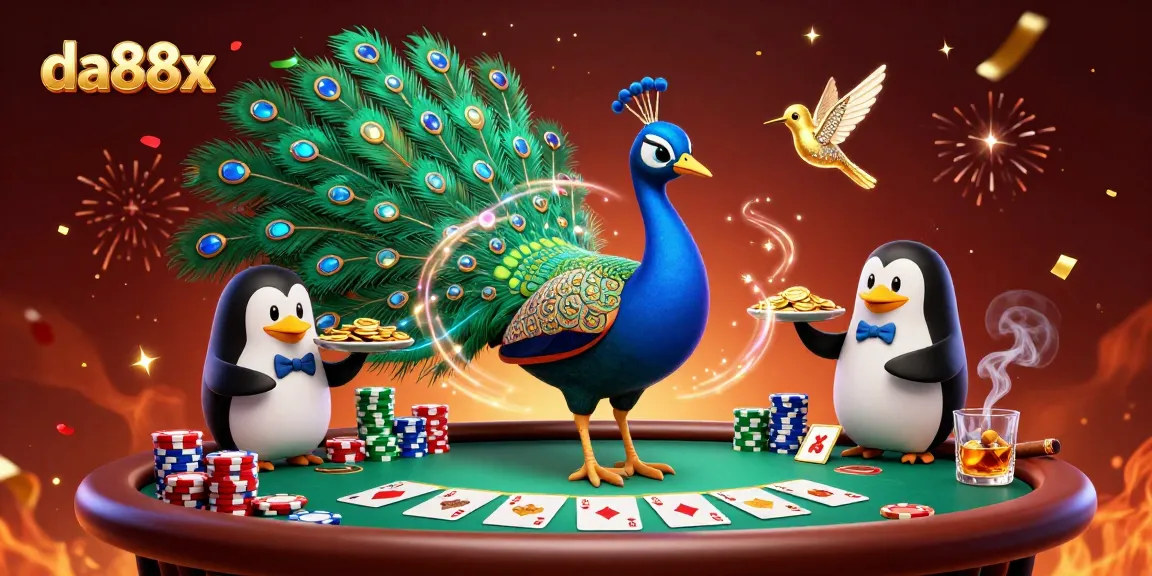 Join the excitement at da88x with a vibrant casino scene featuring a peacock, penguin, and hummingbird.