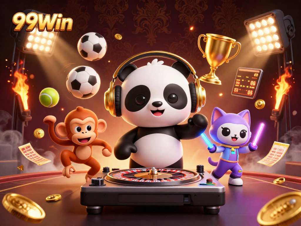 Engage with 99Win's vibrant casino scene featuring a DJ panda, dancing monkey, and a glow-stick kitten.