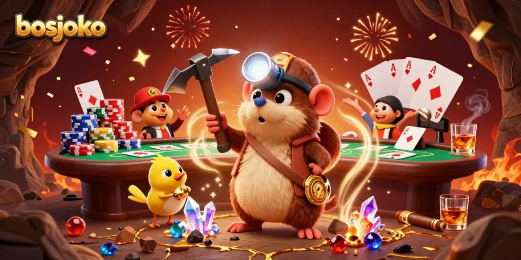 Explore the exciting bosjoko experience with a treasure hunter mole and poker elements surrounded by festive confetti.