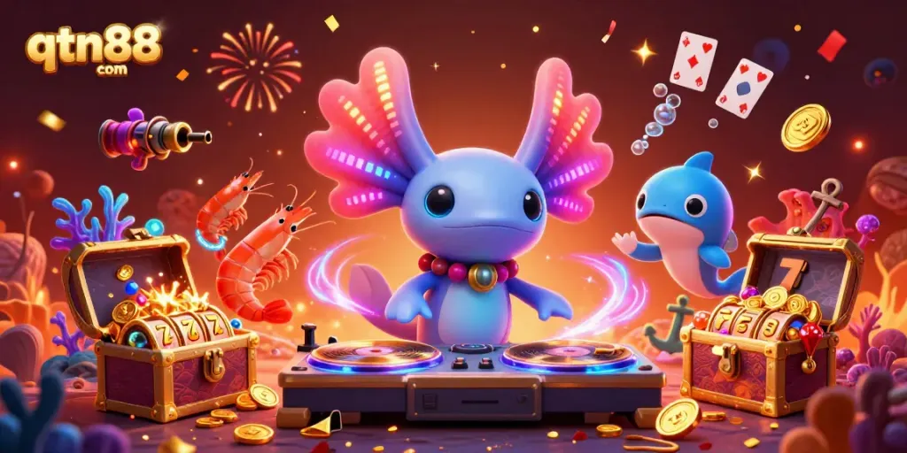 Experience the vibrant casino atmosphere with qtn88 com through this colorful underwater scene featuring unique characters.