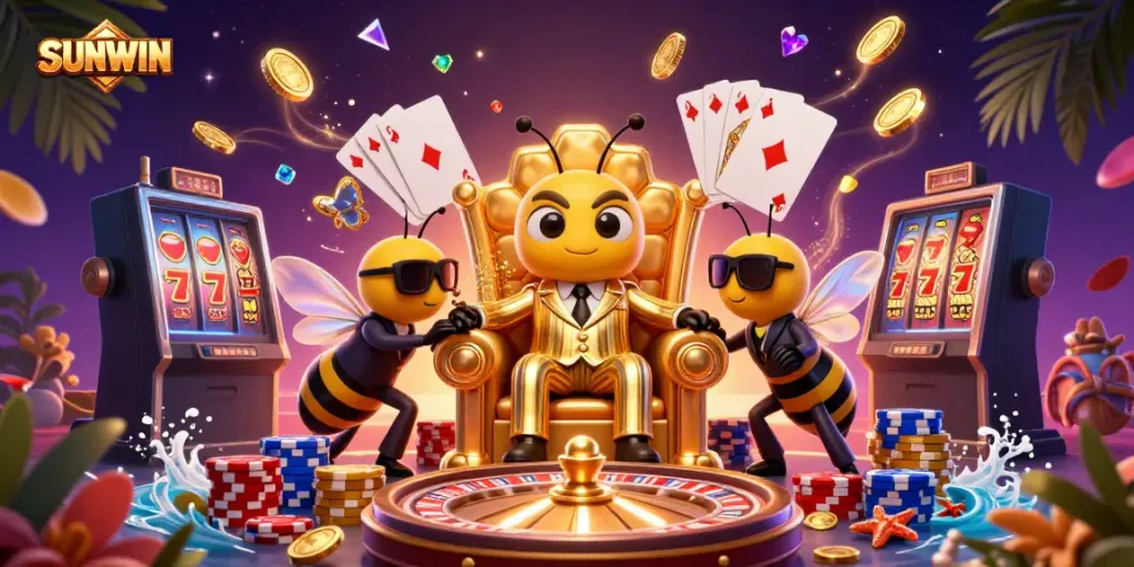 SUNWIN's cartoon bumblebee mob boss leads a lively casino scene filled with coins and gaming elements.