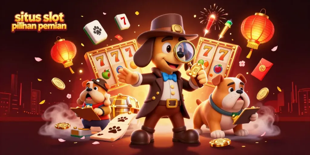 Ilustrasi 3D permainan slot yang menampilkan situs slot pilihan pemain dengan karakter detektif dan elemen kasino yang unik.