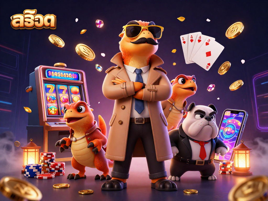 Experience stunning สล็อต excitement with vibrant slot machine action and playful characters in a bustling casino scene.