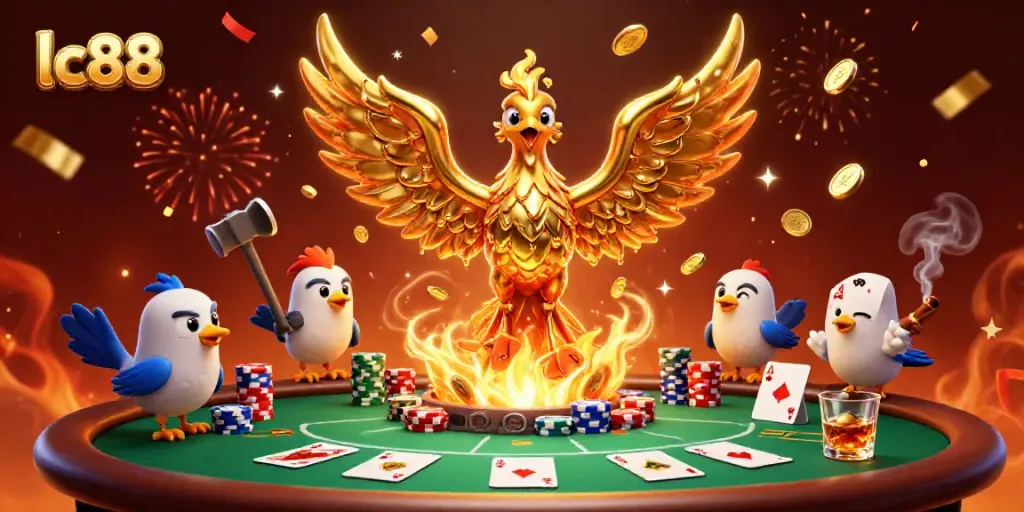Experience exhilarating gameplay with lc88 as molten gold phoenix breaks through, surrounded by poker tables and rich casino elements.