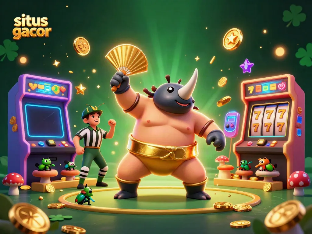 Rasakan keseruan situs gacor dengan ilustrasi kartun 3D penuh detail tentang juara sumo yang menikmati jackpot.