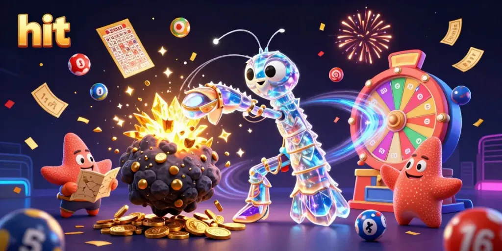 Hit your jackpot with vibrant colorful lottery elements and a galactic hero in a lively casino scene.