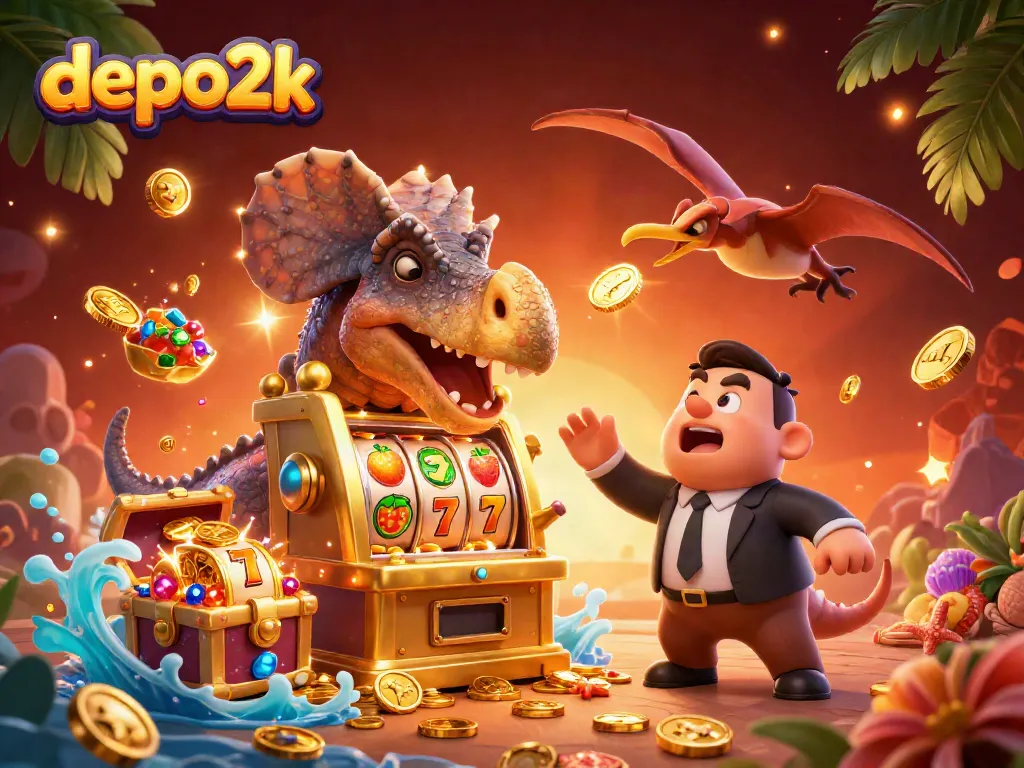 Engage with depo2k and witness a pachycephalosaurus winning jackpots at a golden slot machine!