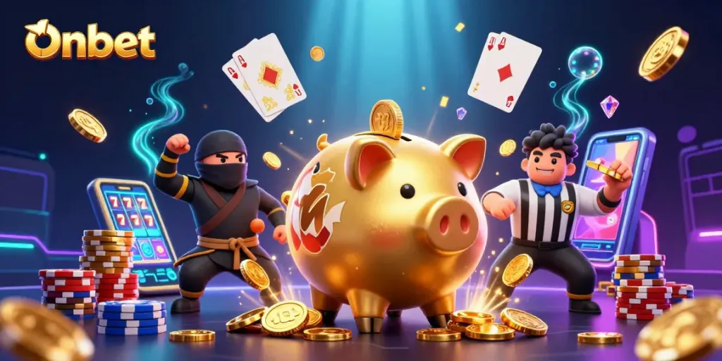 Onbet features cartoon characters in a dynamic casino battle with dazzling coins and cards.
