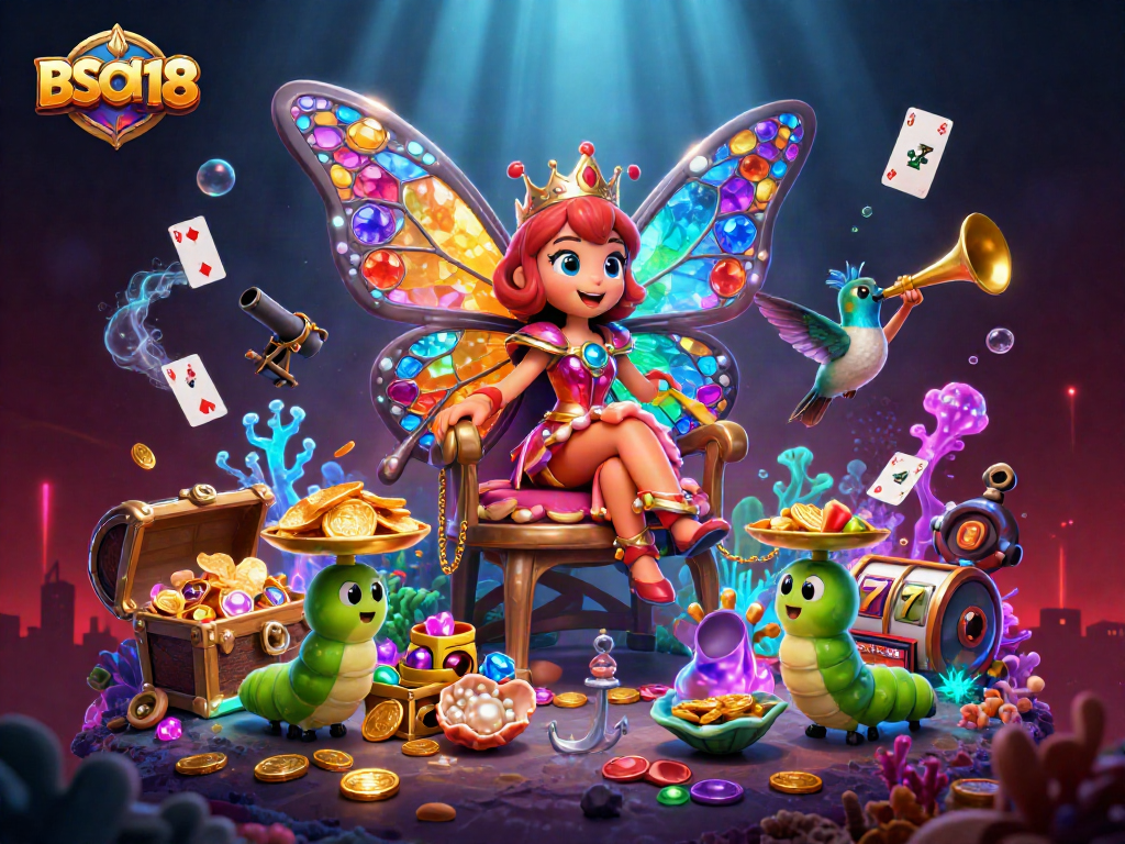 Engage with BSO118's vibrant casino scene featuring a butterfly queen amidst slot elements.