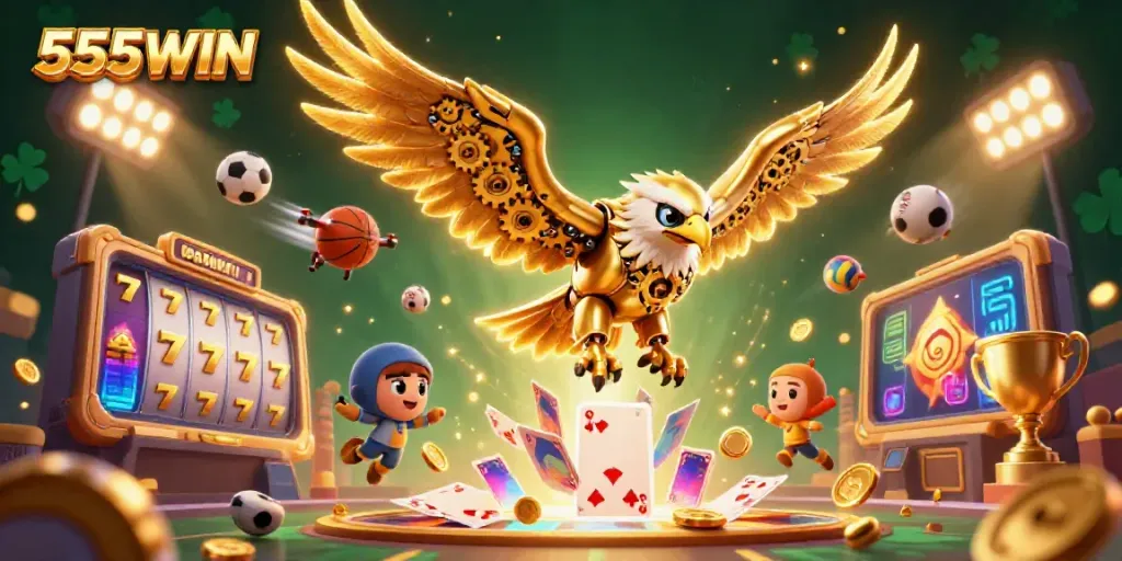 Engage with 555WIN, a dynamic and vibrant illustration depicting slot gaming elements and a cybernetic eagle.