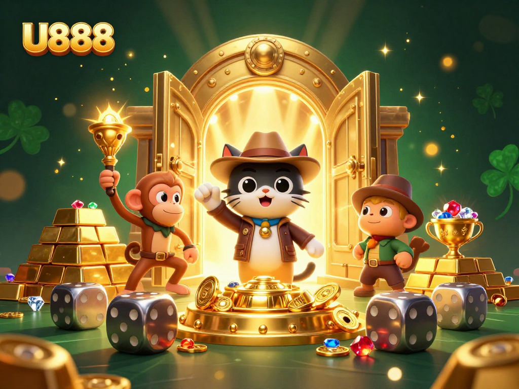 Experience the excitement of U888 with a vibrant 3D illustration of a casino treasure discovery adventure.