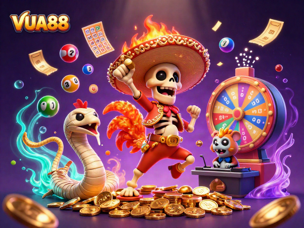 VUA88 celebrates with vibrant casino characters and festive lottery elements for an exciting gaming experience.