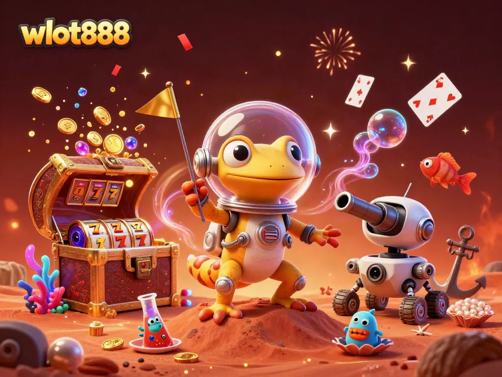 Taruhan berkualitas tinggi dengan wslot888 yang menampilkan gecko Martian di kasino emas.