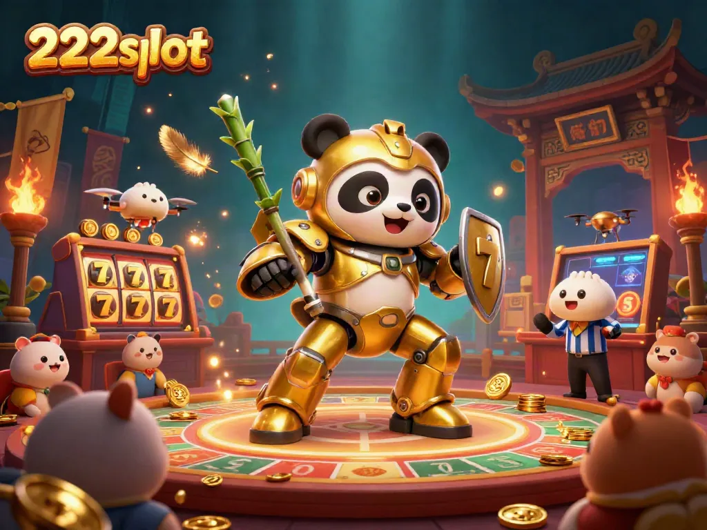 Menghadapi mesin slot 222slot, panda emas dalam kostum robot siap bertarung di arena hiburan.