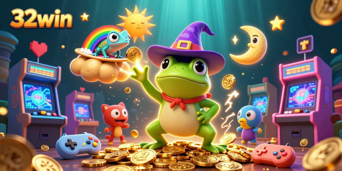 Win big at 32win with thrilling game action amidst a vibrant, enchanted casino scene.