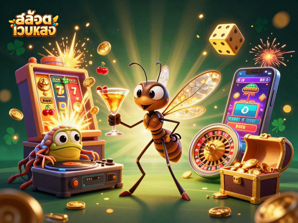 Experience สล็อตเว็บตรง excitement with a vibrant illustration showcasing casino elements and characters.
