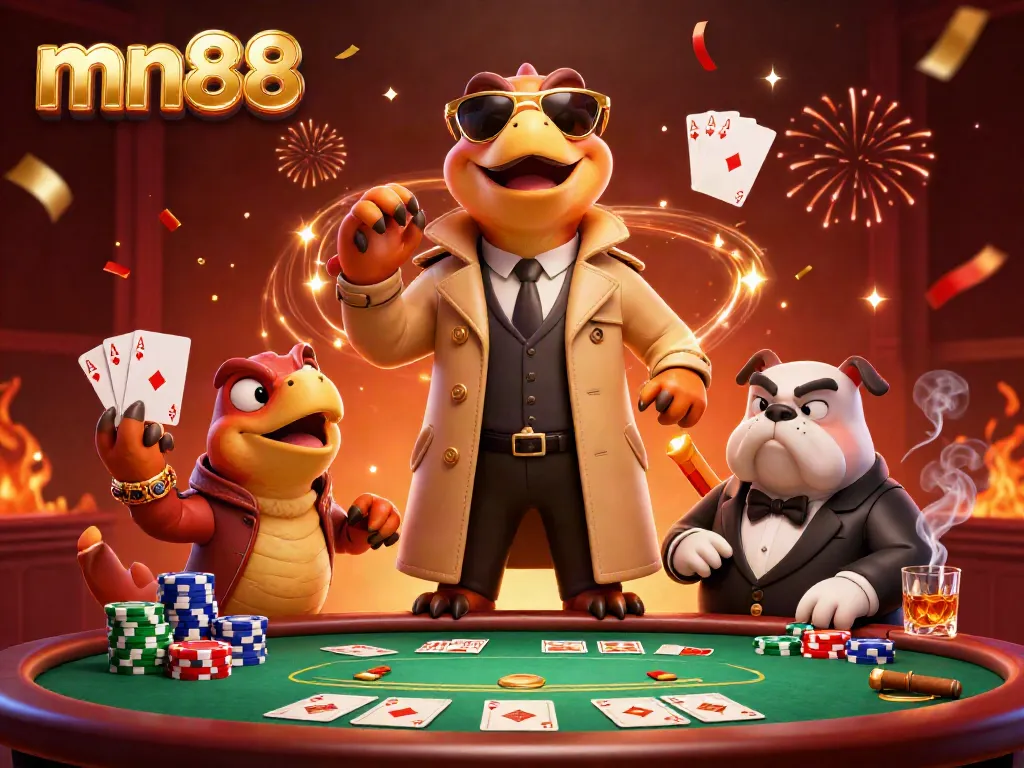 Experience exclusive gameplay at mn88 with cartoon raptors sneaking into a VIP casino lounge.