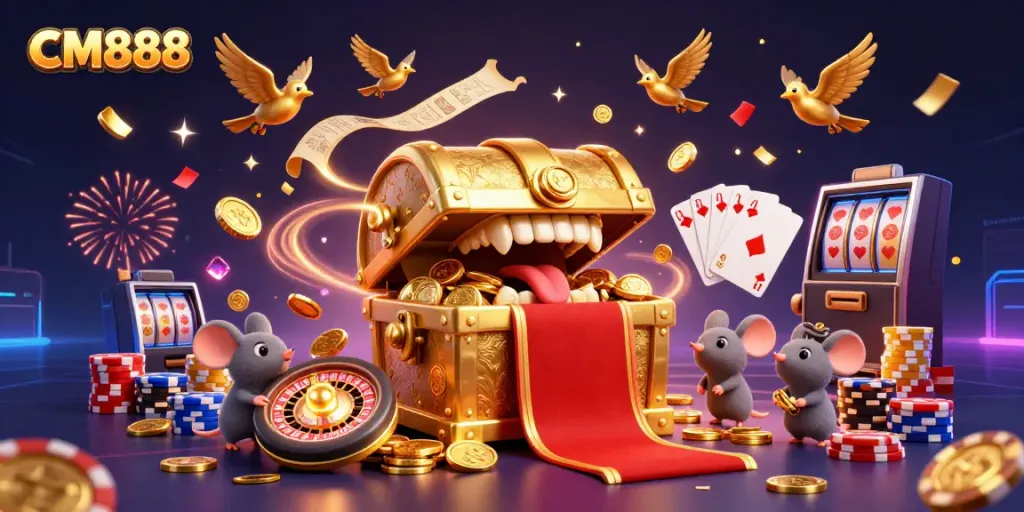 Engage with CM888's exciting gaming experience featuring dynamic casino elements and vibrant treasures.