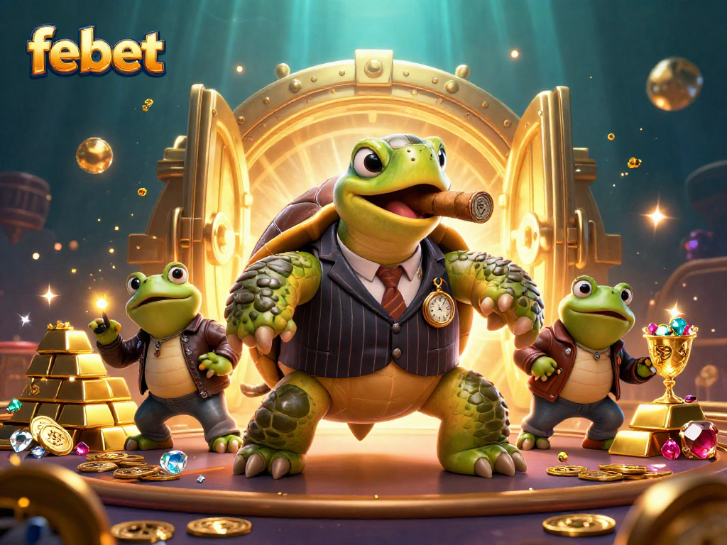 Experience febet's thrilling gaming adventure with a huge snapping turtle and bullfrog enforcers in a vibrant casino setting.