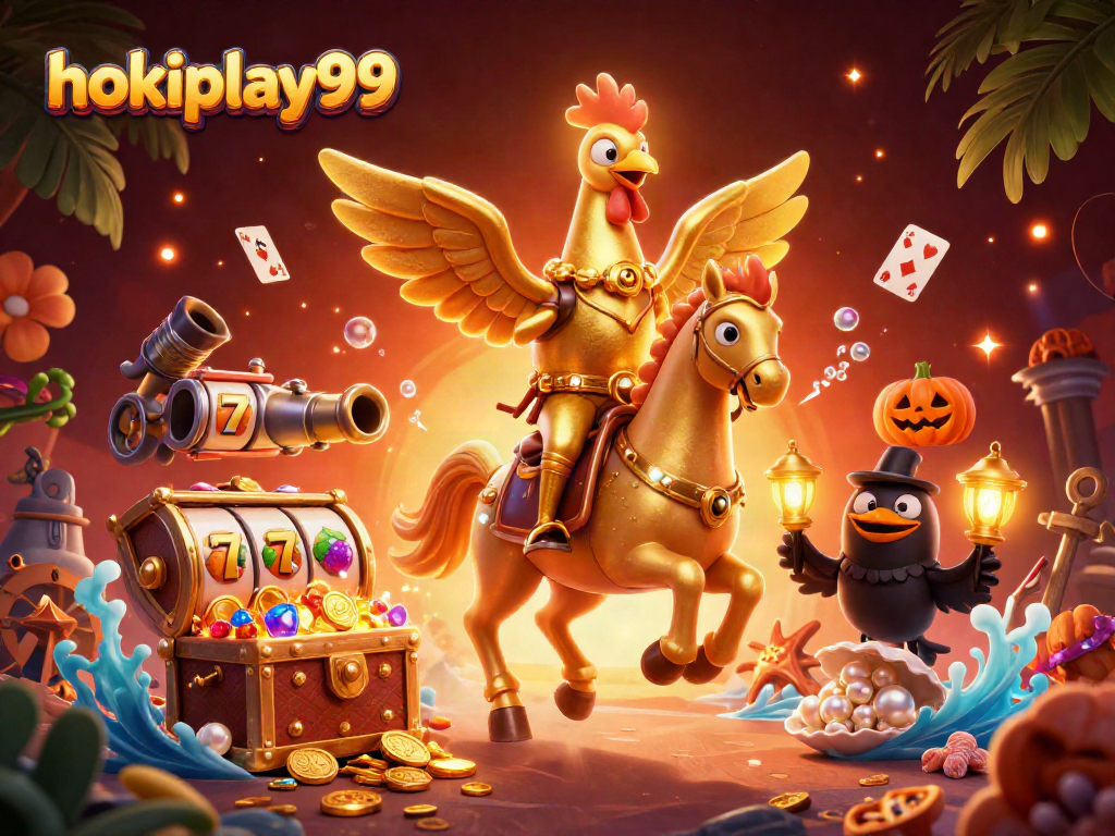 Gambarkan serunya bermain hokiplay99 dengan ayam emas berkepala menyala di kasino malam